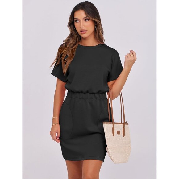 Anrabess Women Black Crew Neck Elastic Waist Mini T Shirt Dress With Pocket - Picture 2 of 6